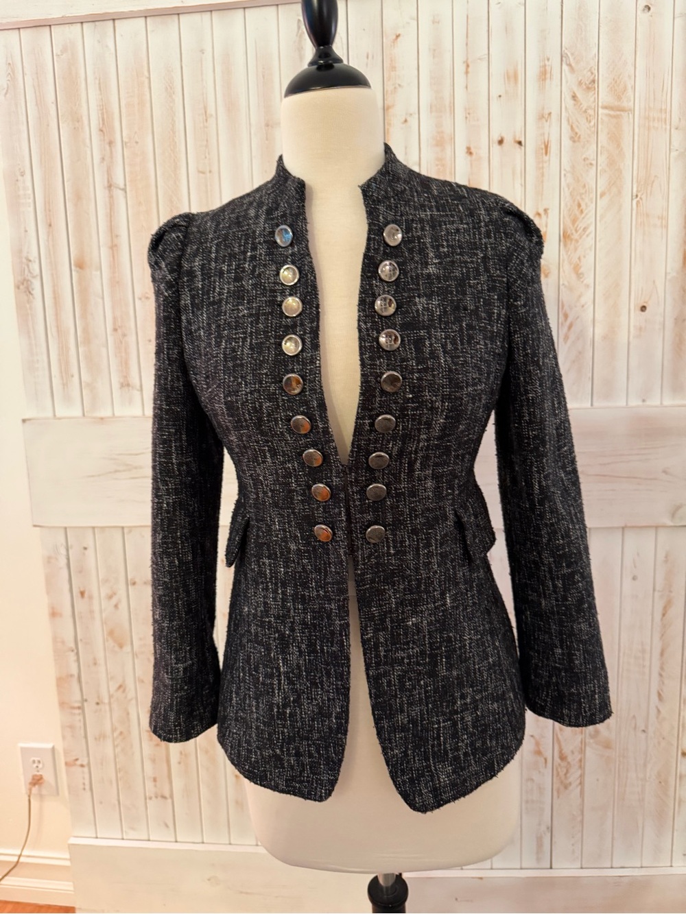 Faux-Tweed Black Military-Button Blazer